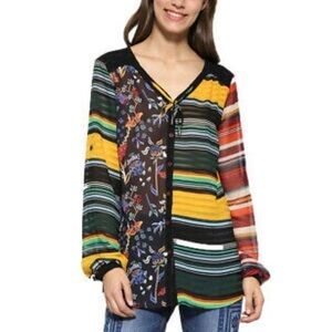 Desigual Glenn Vibrant Striped Floral Sheer Long Sleeve Button Down Blouse